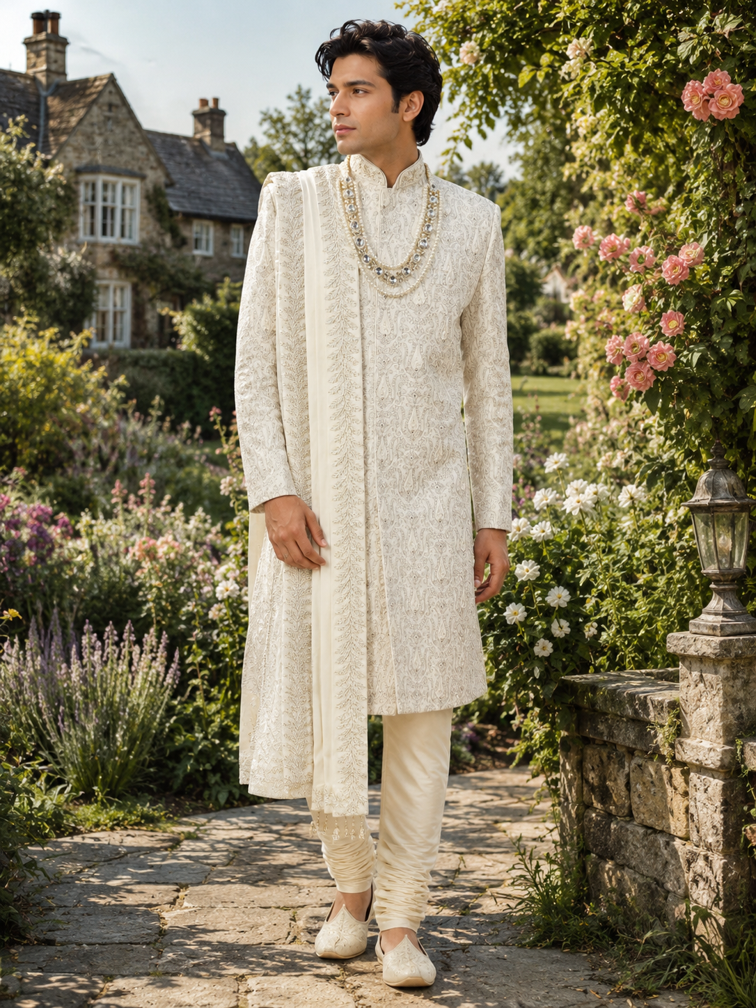 Ivory White Wedding Groom Sherwani - Silver Zari Work | Sherwani For Men