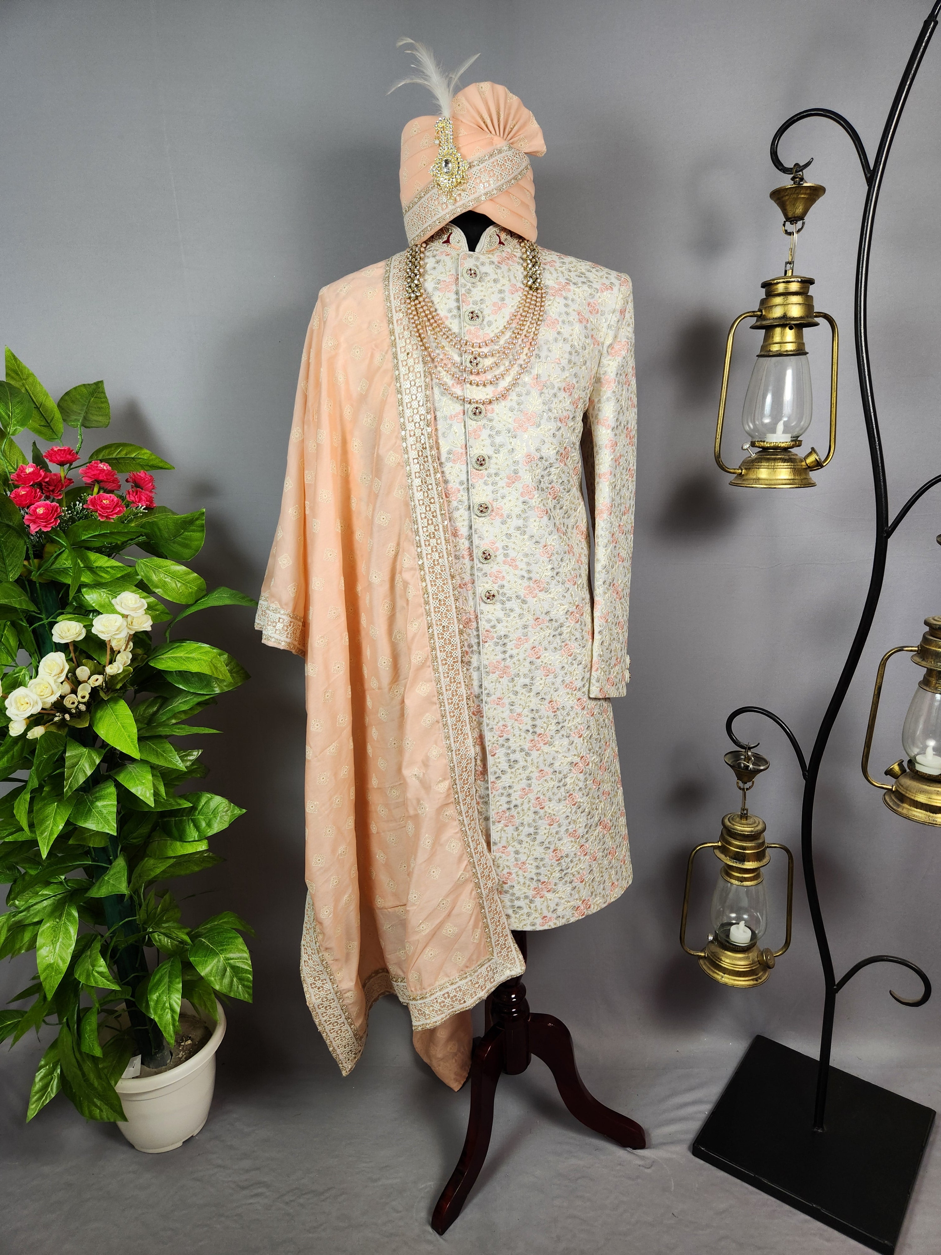 White Wedding Groom Sherwani - Pink Thread Embroidery | Sherwani For Men