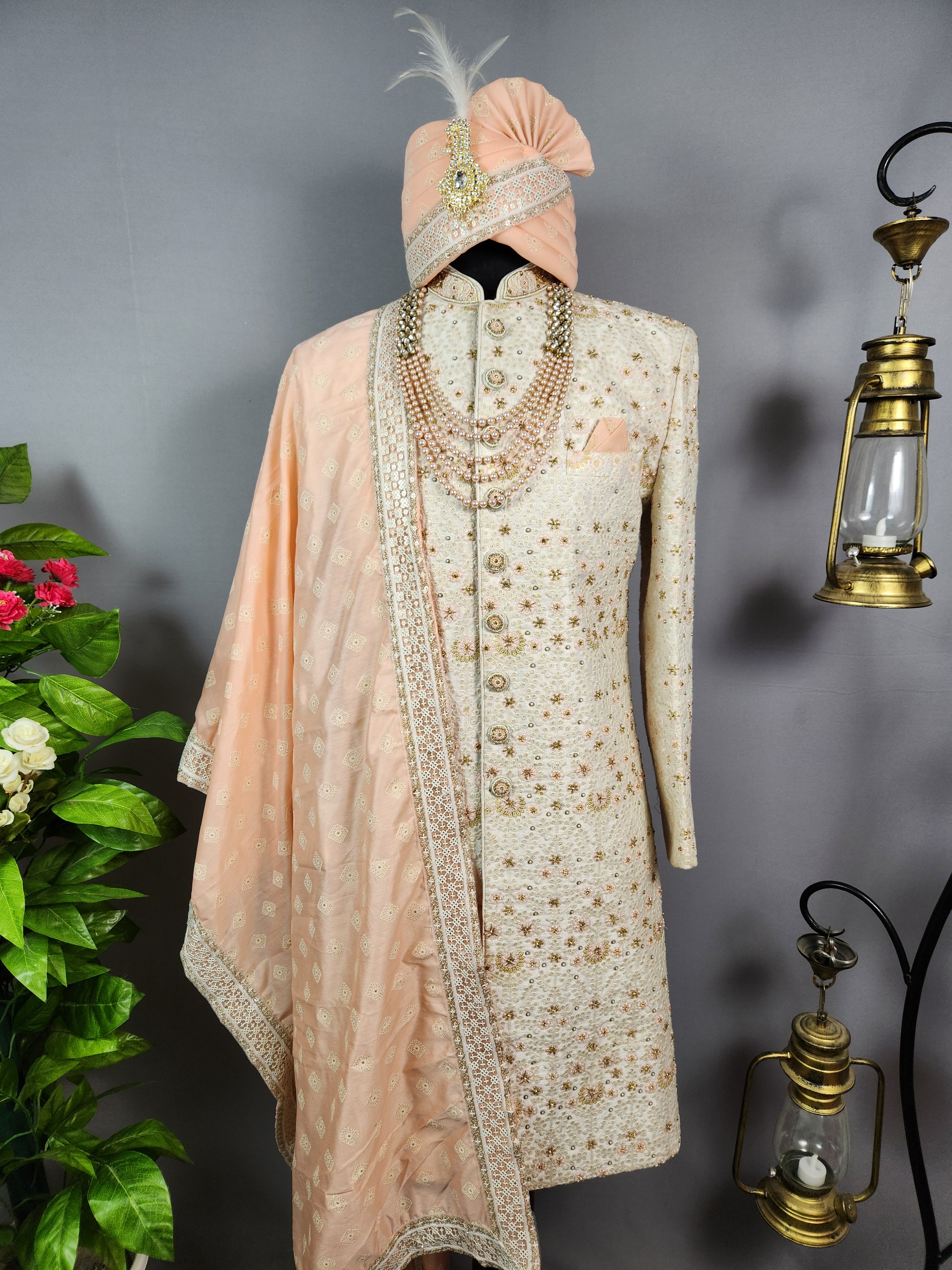 White Wedding Groom Sherwani - Beads, Glass Work | Sherwani For Men