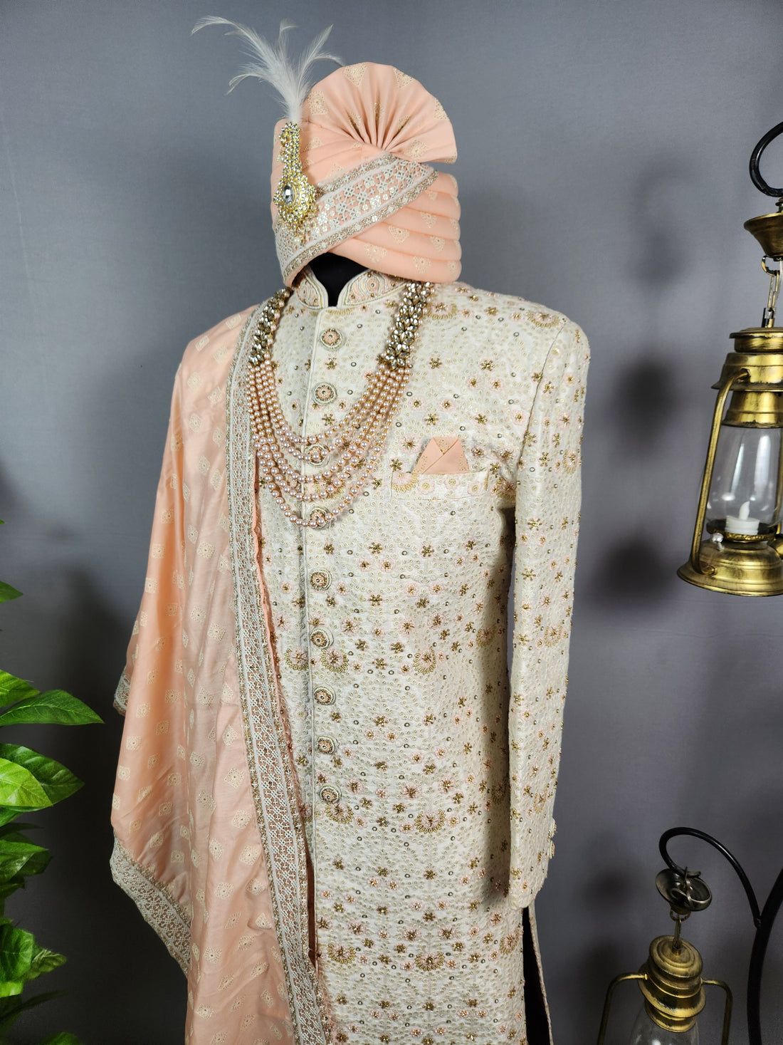 White Wedding Groom Sherwani - Beads, Glass Work | Sherwani For Men