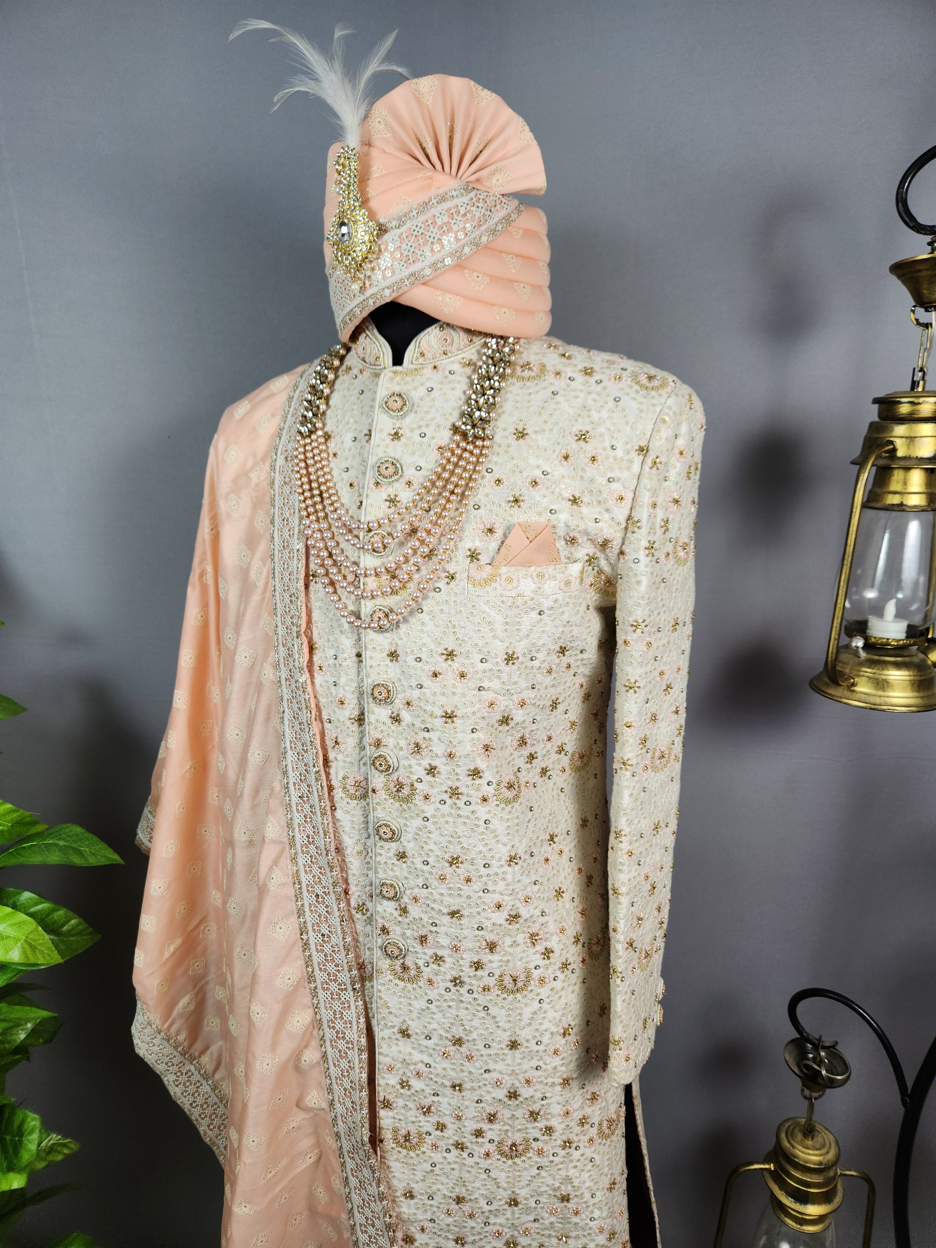 White Wedding Groom Sherwani - Beads, Glass Work | Sherwani For Men