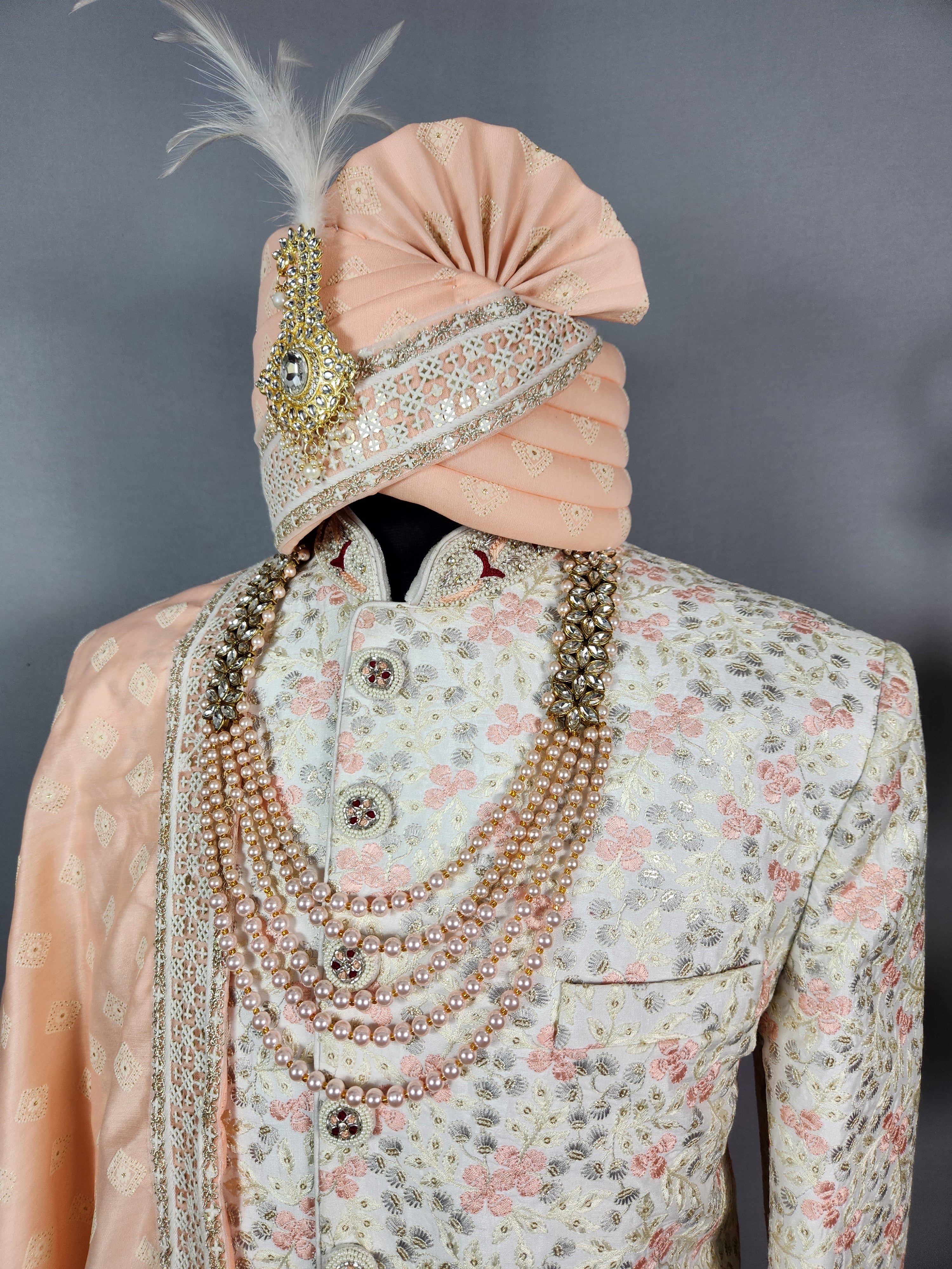 White Wedding Groom Sherwani - Pink Thread Embroidery | Sherwani For Men