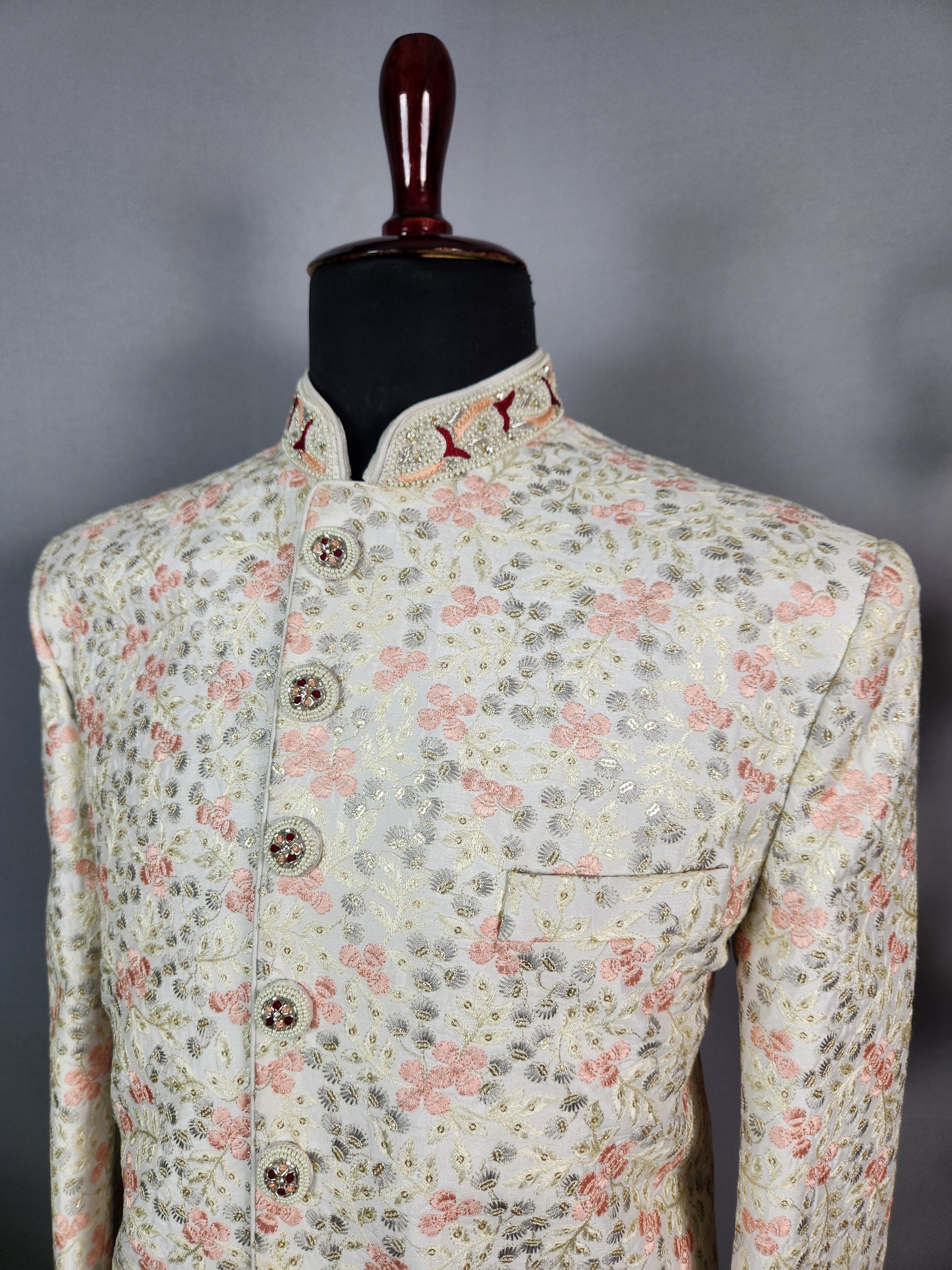 White Wedding Groom Sherwani - Pink Thread Embroidery | Sherwani For Men