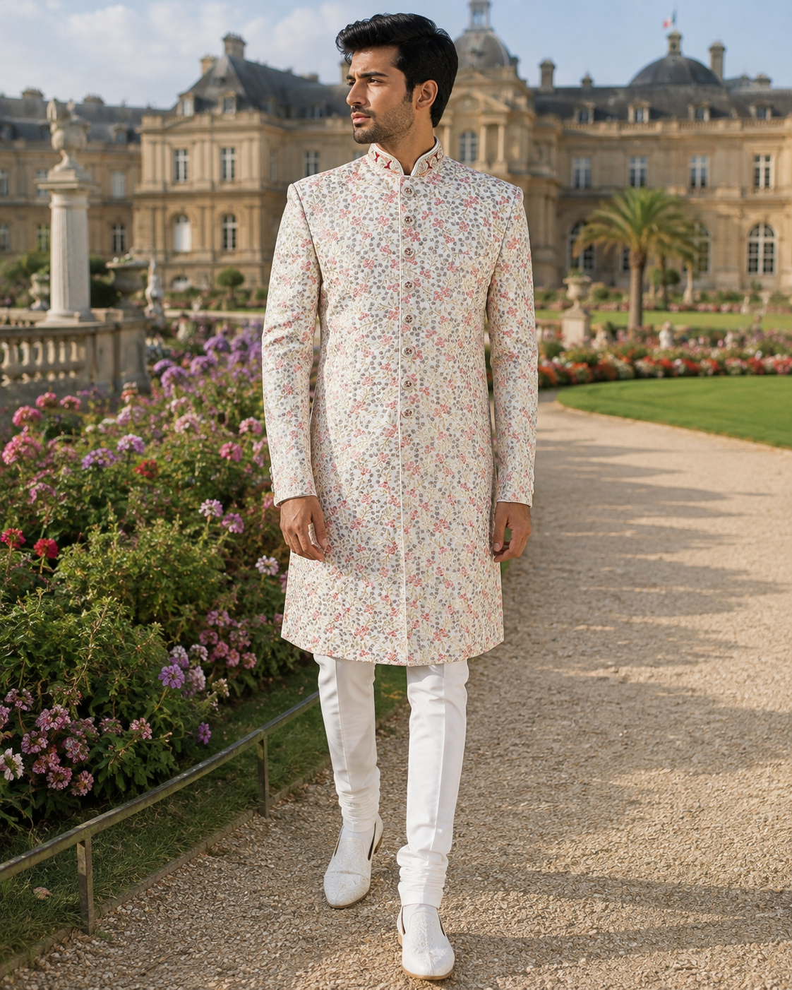 White Wedding Groom Sherwani - Pink Thread Embroidery | Sherwani For Men