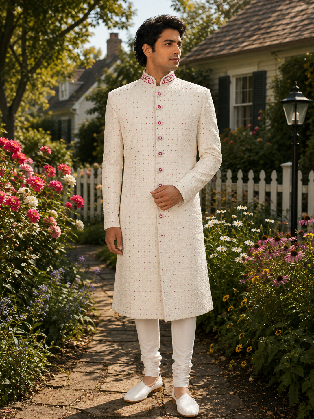 White Wedding Groom Sherwani - Magenta Accent | Sherwani For Men