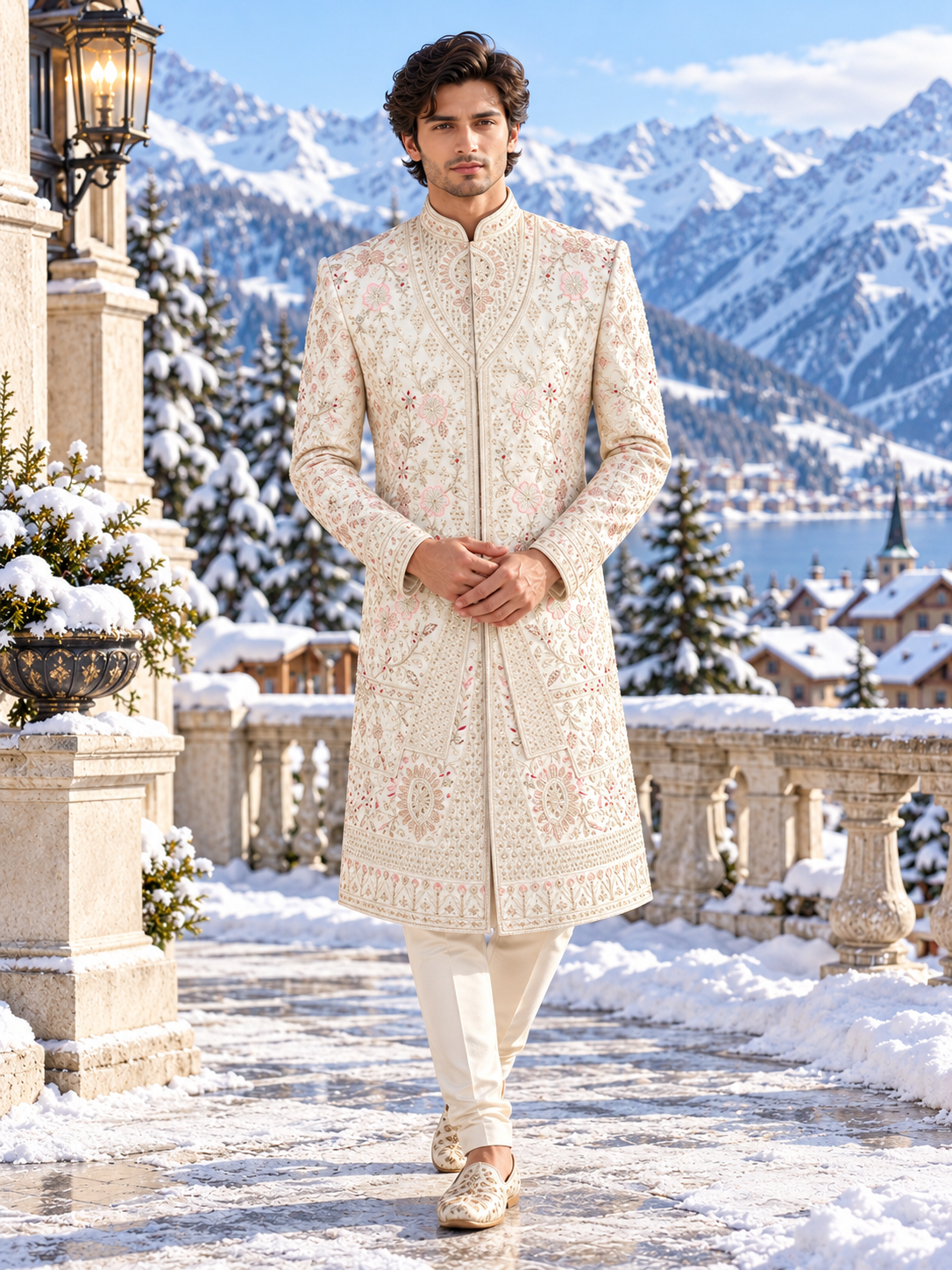 White Wedding Groom Sherwani - Layered Jacket Design | Sherwani For Men