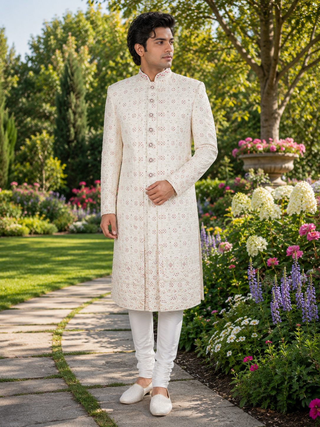 White Wedding Groom Sherwani - Magenta Accent | Sherwani For Men