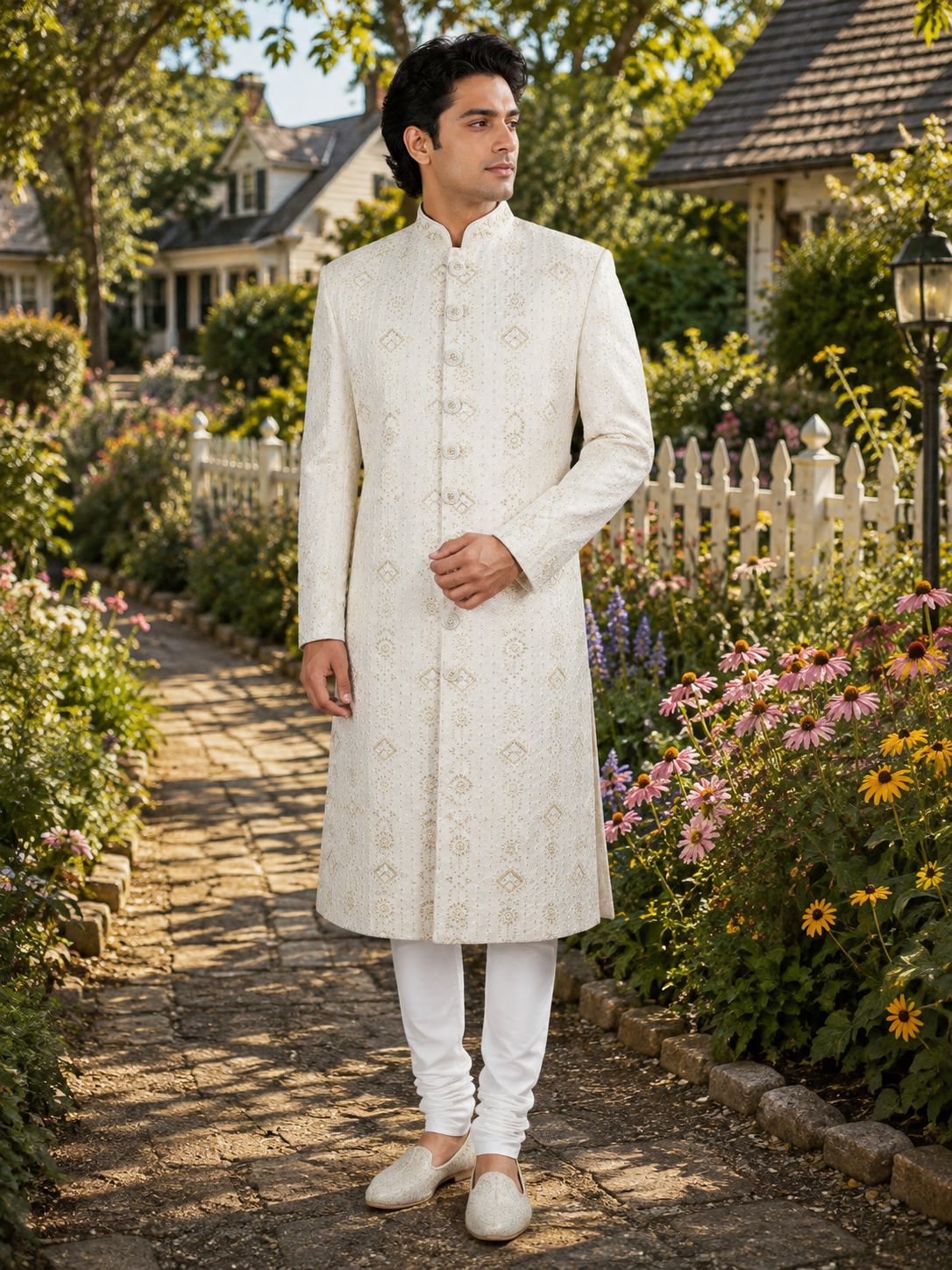 White Wedding Groom Sherwani - Cutdana & Diamond Work | Sherwani For Men