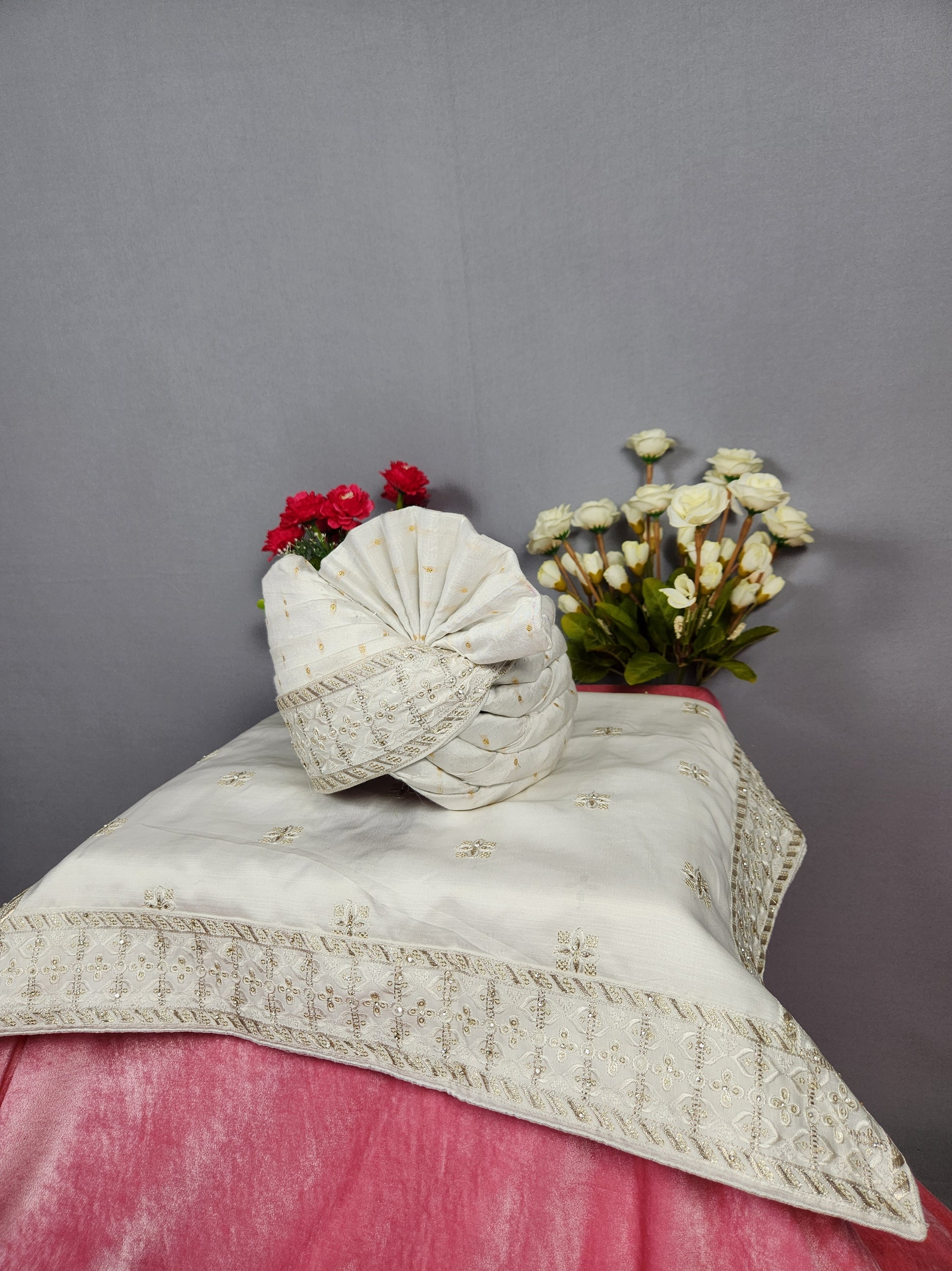 White Groom Turban Shawl Set 