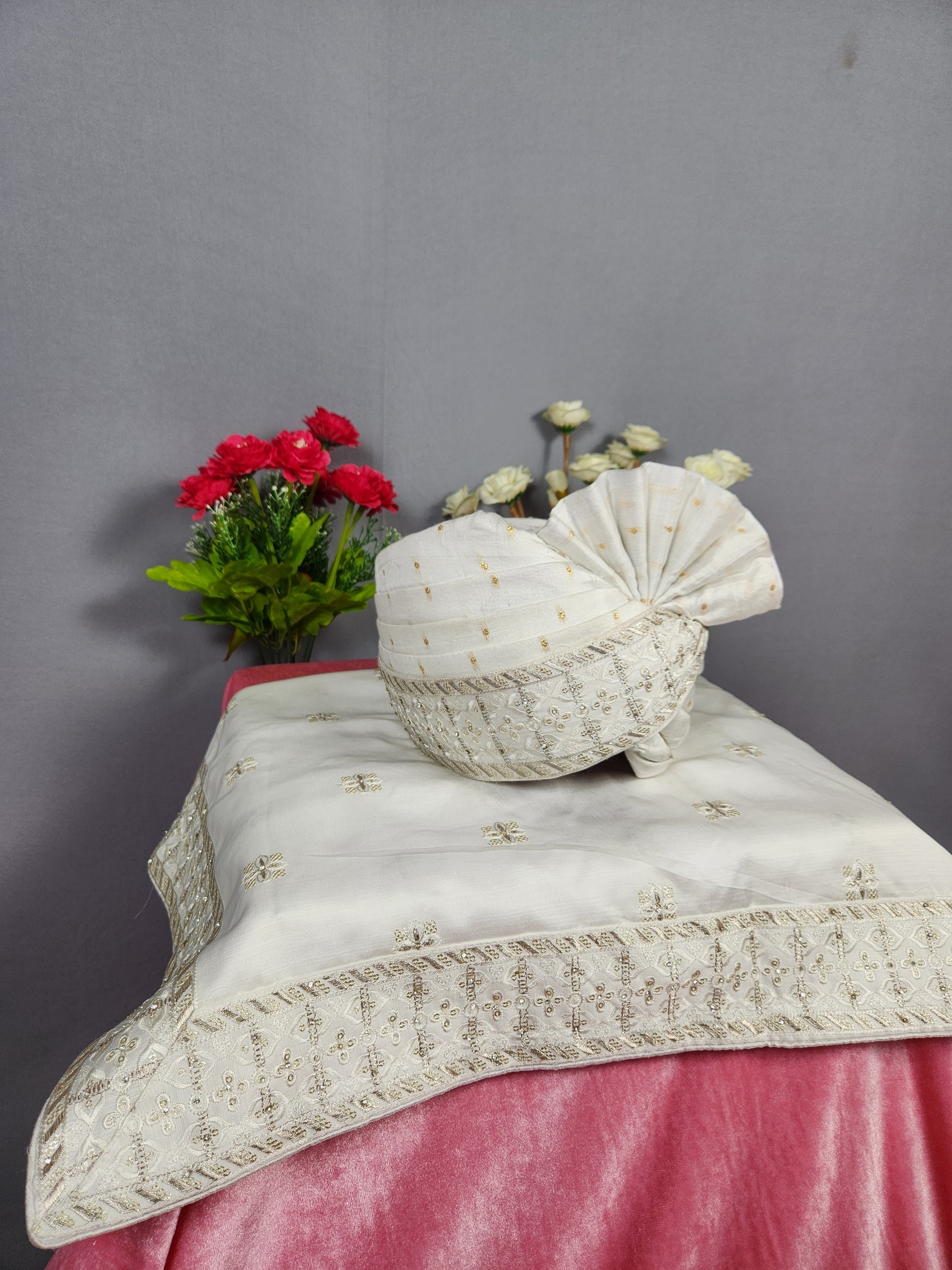 White Groom Turban Shawl Set 