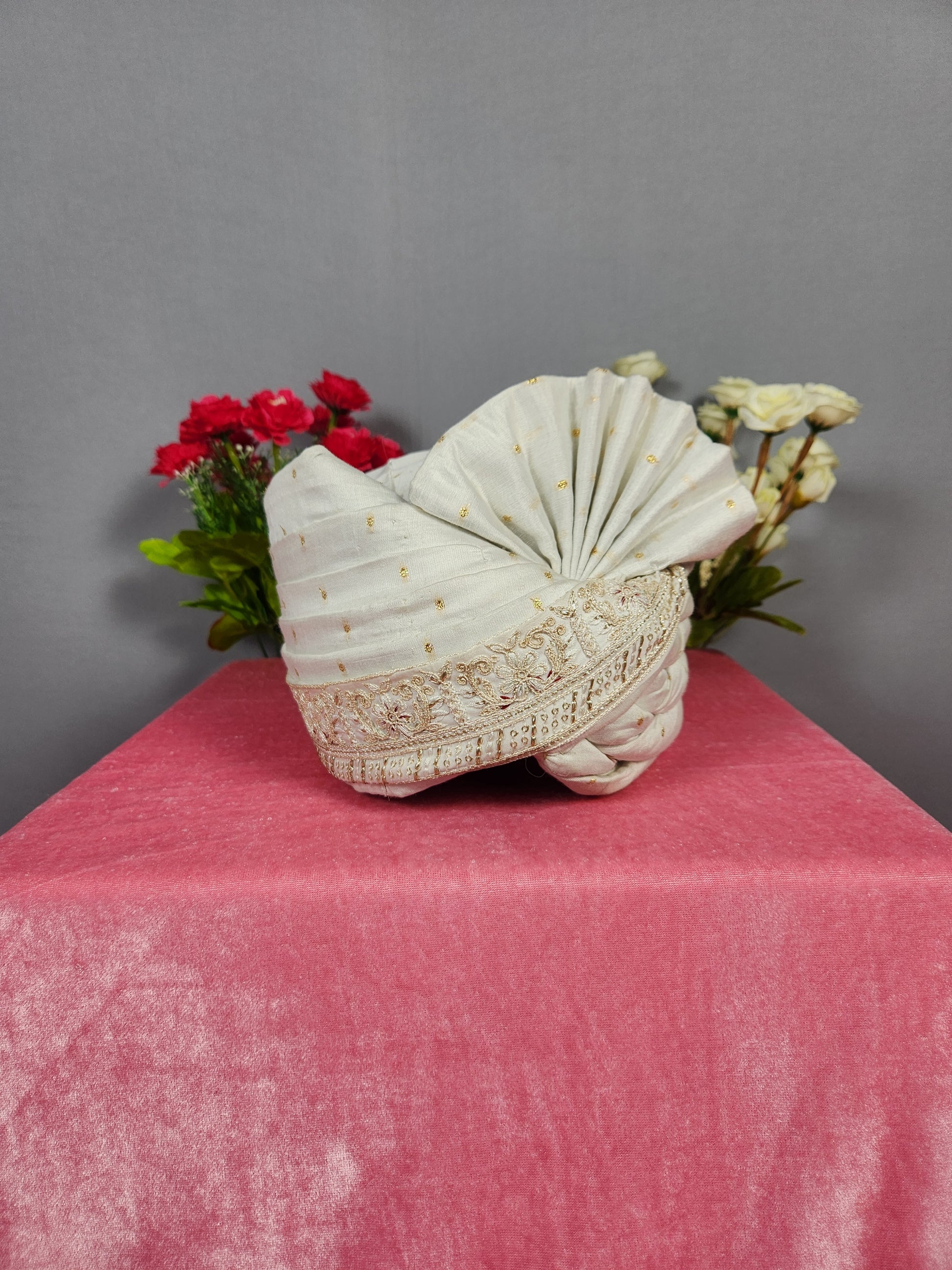 White Groom Turban With Peacock Design 