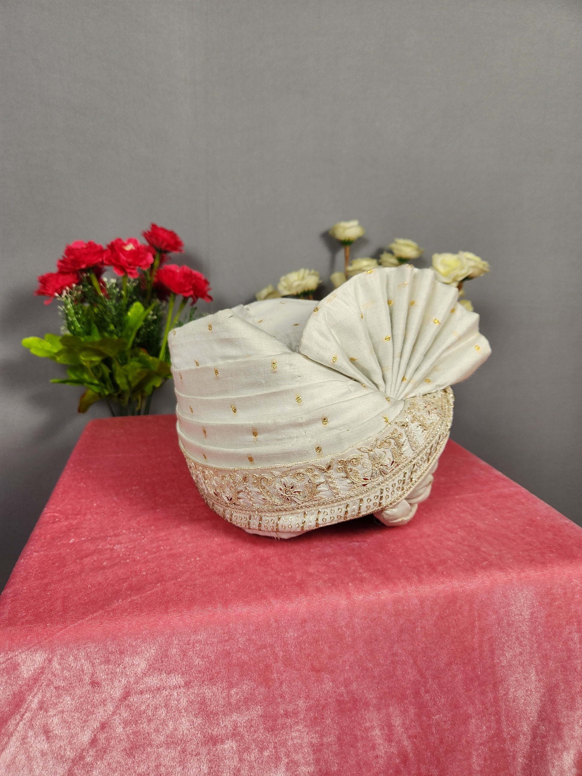White Groom Turban With Peacock Design 