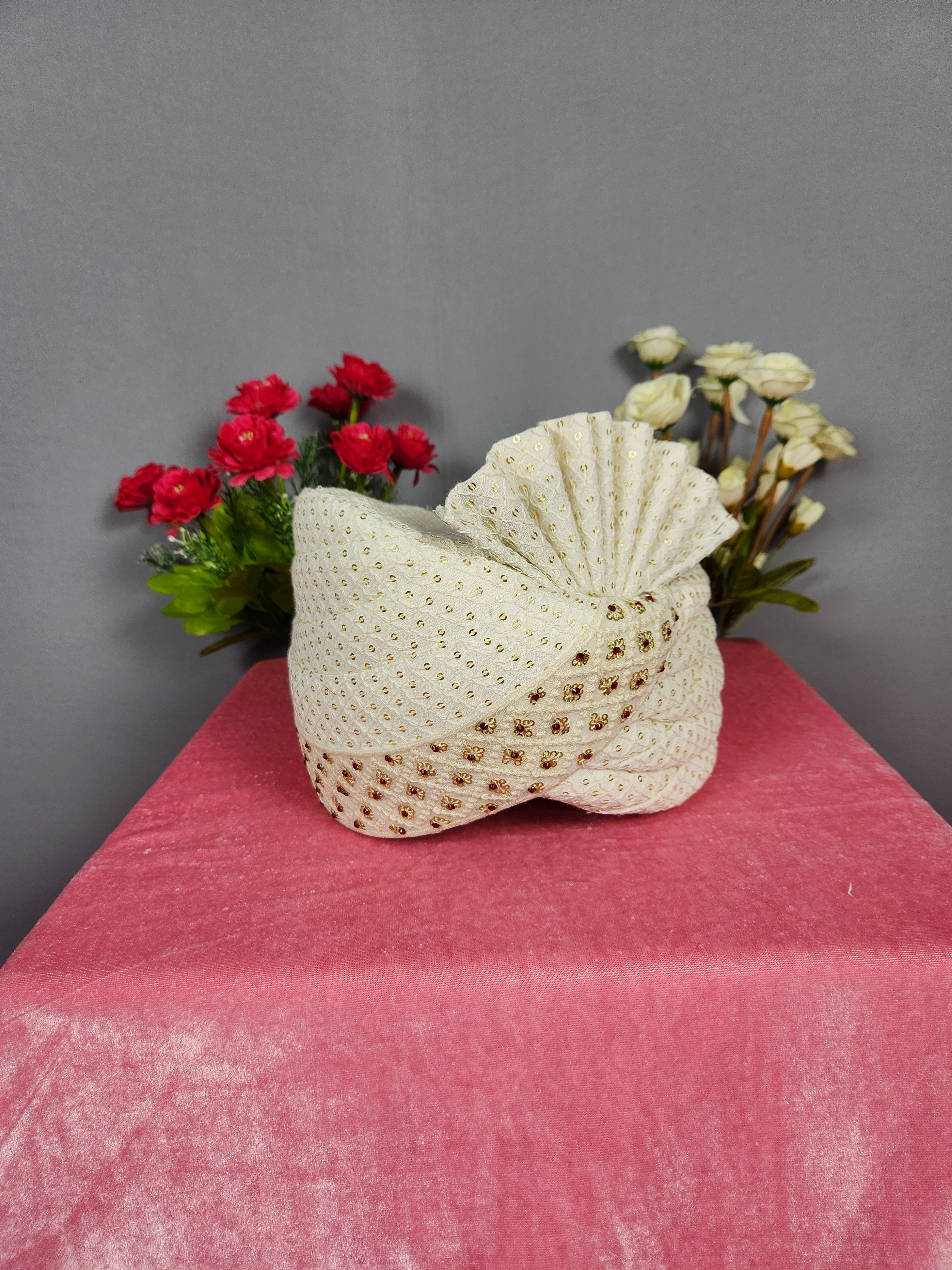 White Groom Turban Shawl With Red Stones | Dupatta Safa Set For Men