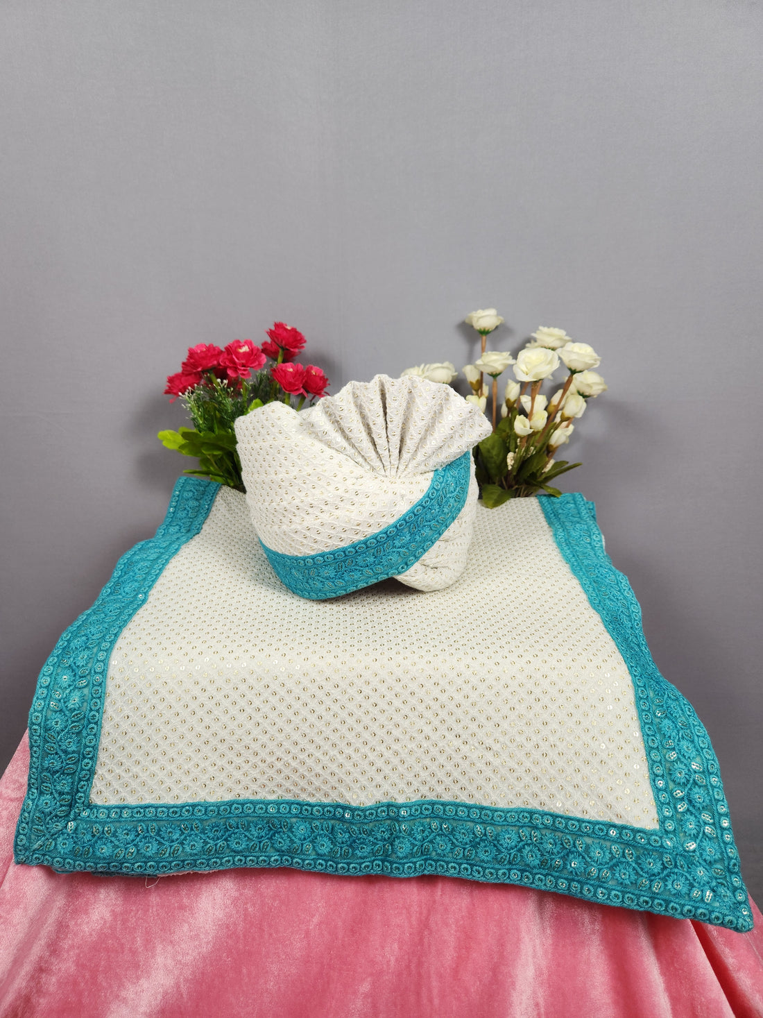 White Groom Turban Shawl With Turquoise Border 