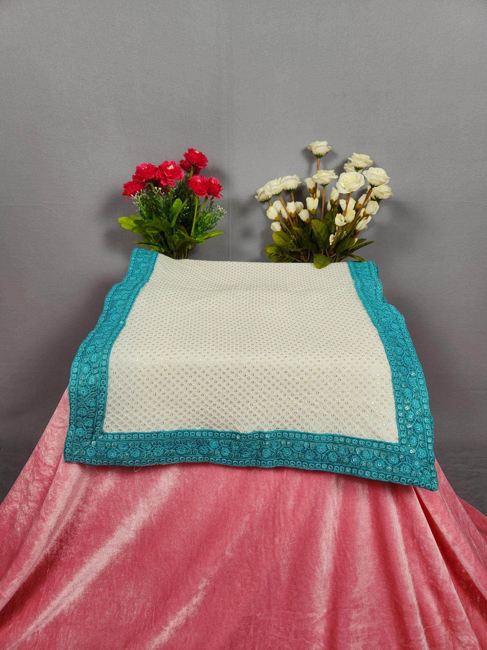 White Groom Turban Shawl With Turquoise Border 