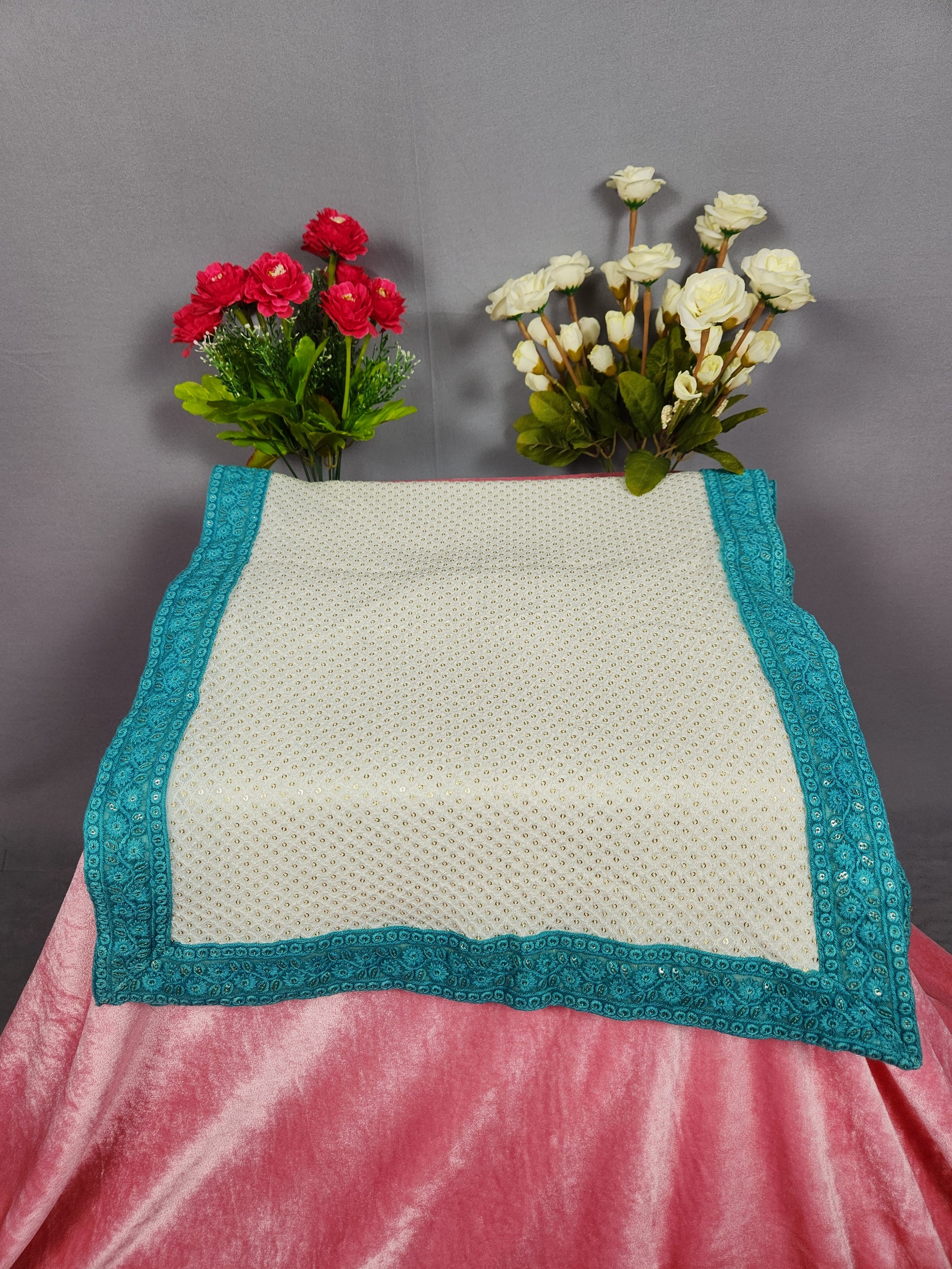 White Groom Turban Shawl With Turquoise Border 