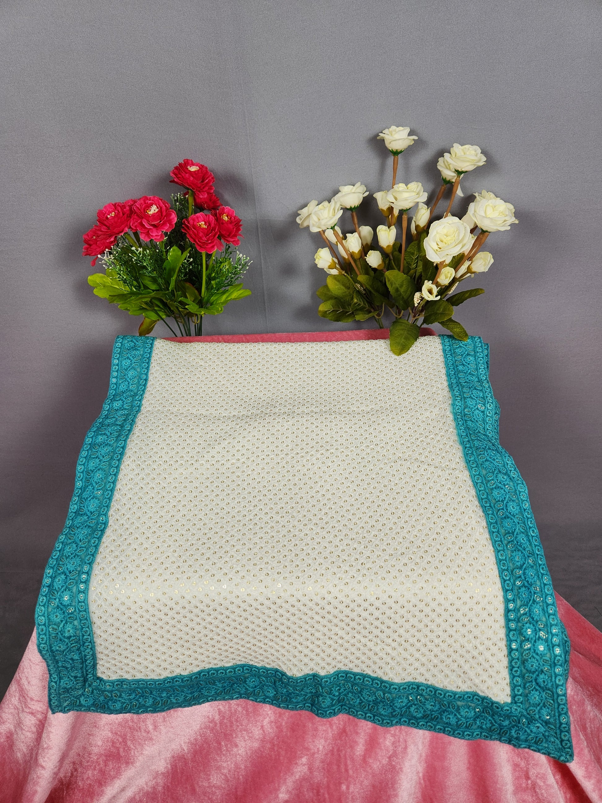 White Groom Turban Shawl With Turquoise Border 
