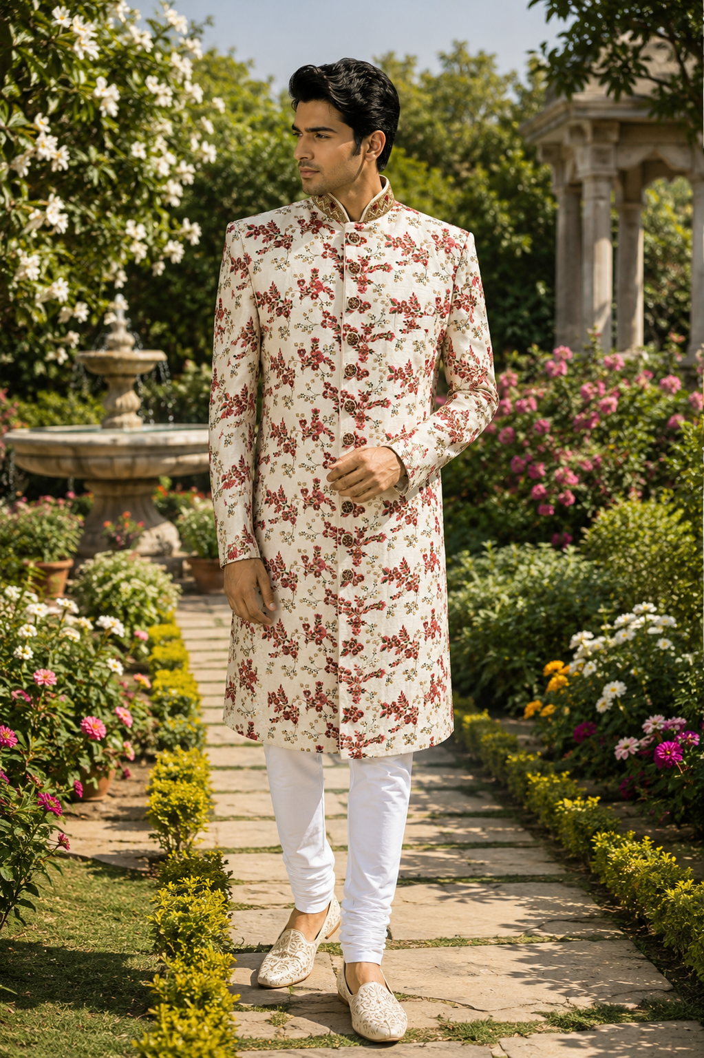 White Wedding Groom Sherwani - Red & Green Floral Embroidery | Sherwani For Men