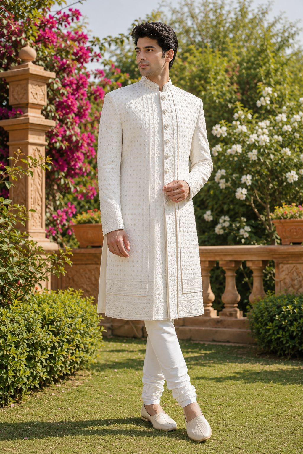 White Wedding Groom Sherwani - Zarkan, Cutdana Work | Sherwani For Men