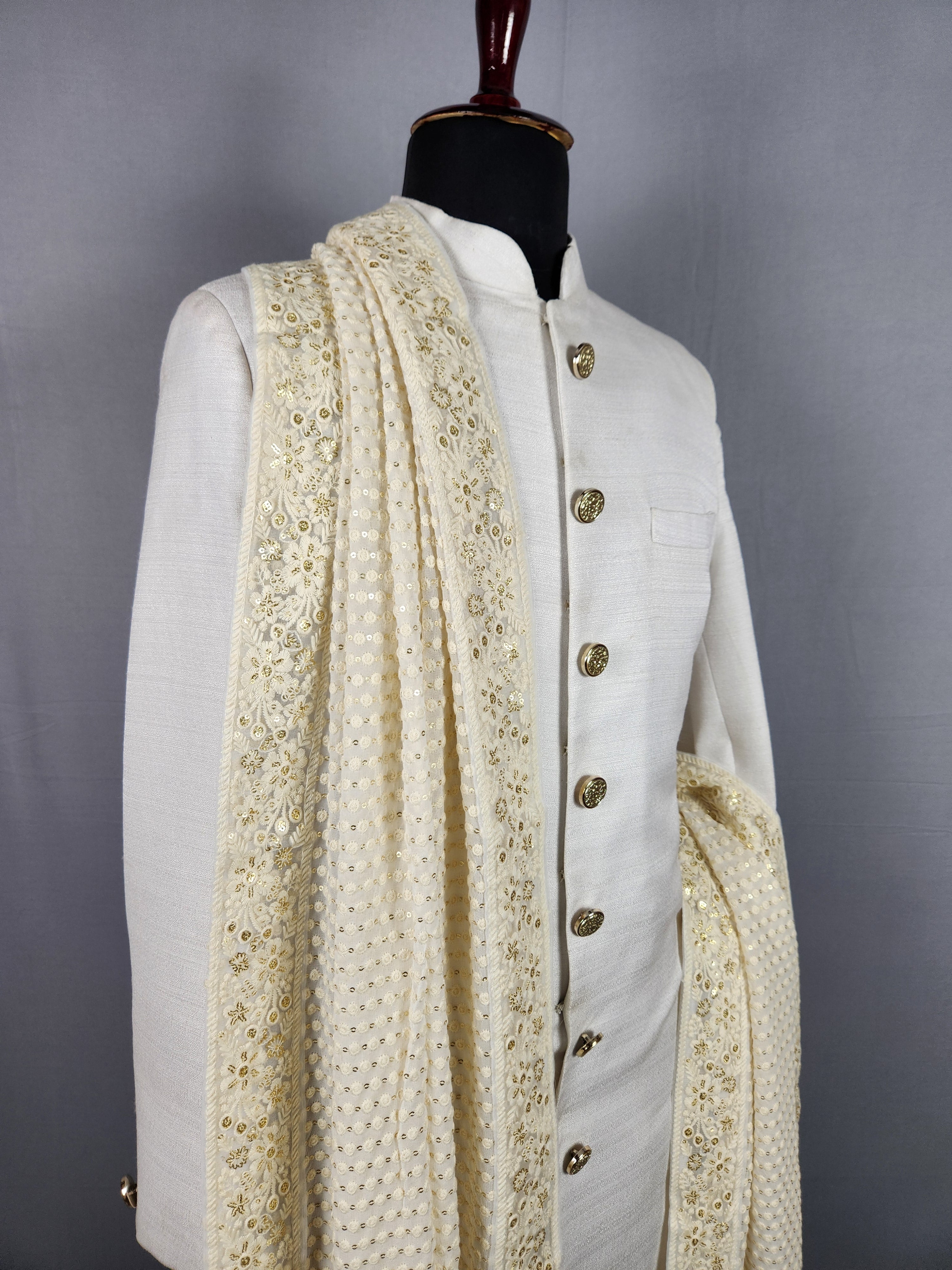White Groom  Shawl - White Chikankari Wedding Shawl