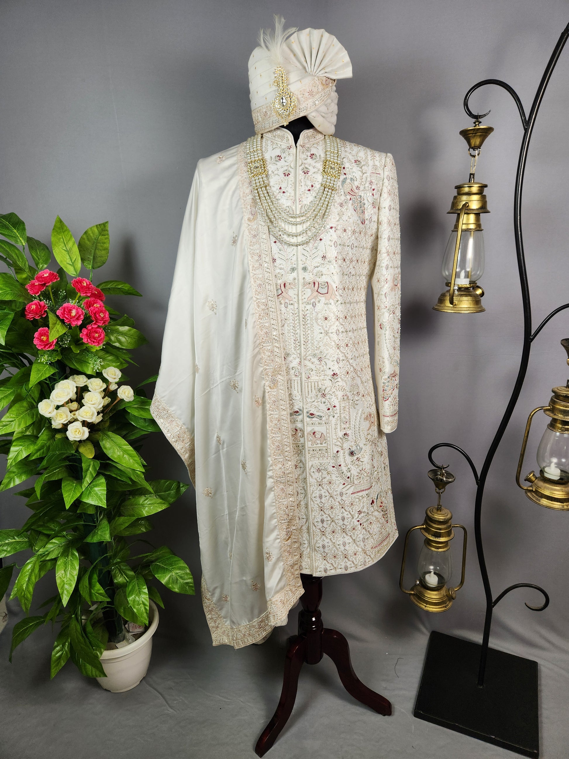 White Sherwani for Groom Peacock Design -   Indian Wedding Outfit for Men

