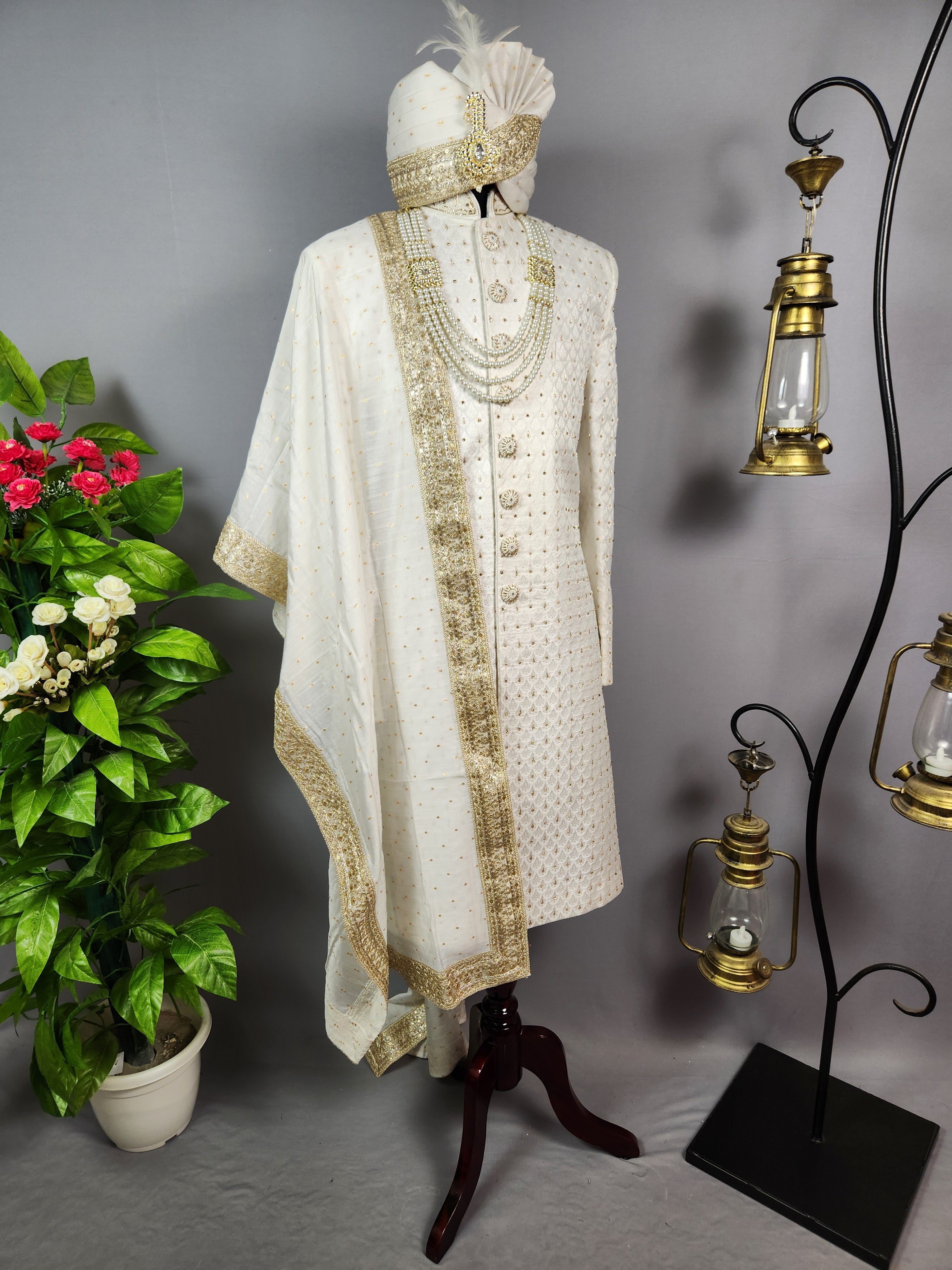 White Wedding Groom Sherwani - Zardozi Diamond Work | Sherwani For Men