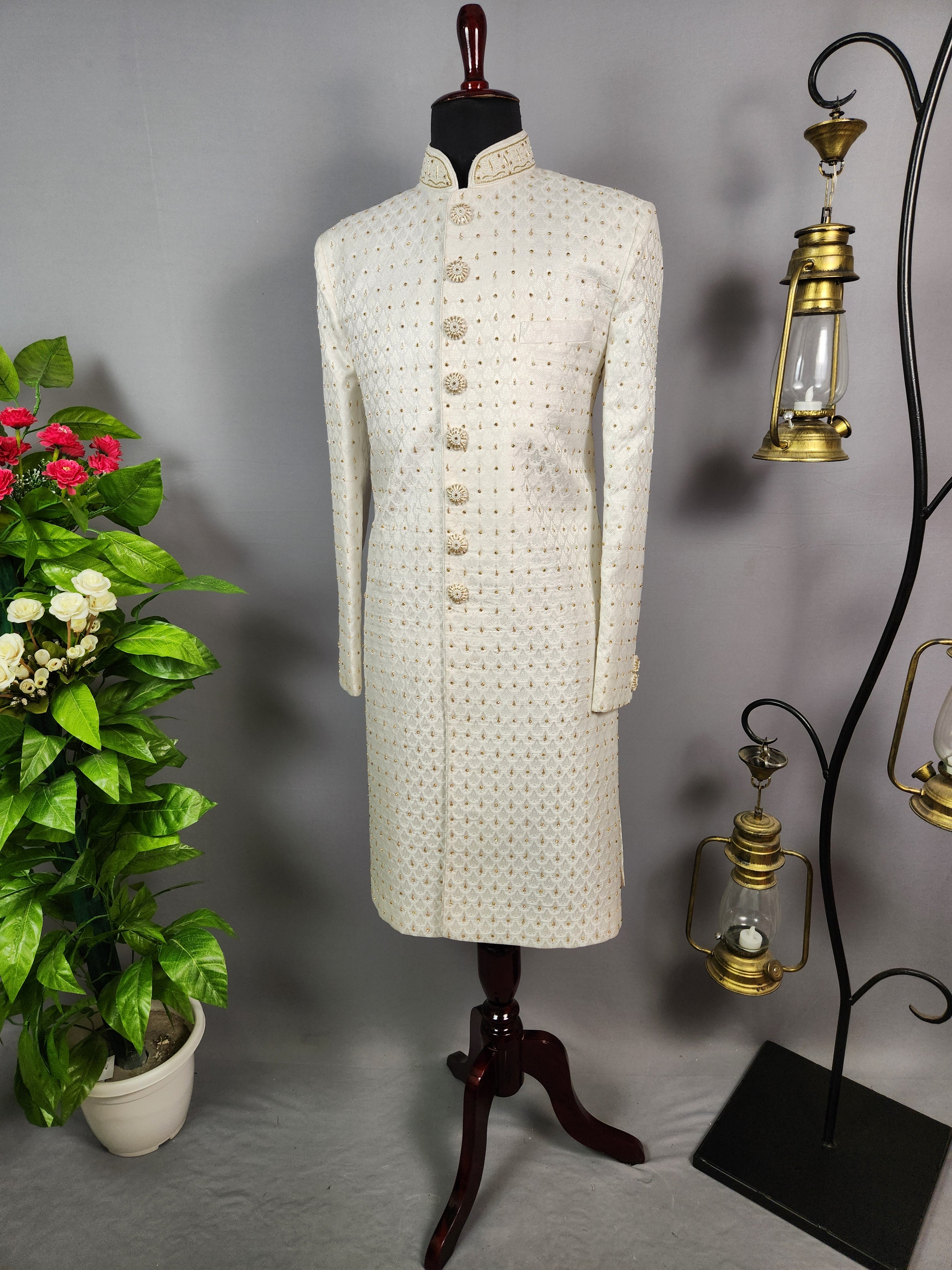 White Wedding Groom Sherwani - Zardozi Diamond Work | Sherwani For Men
