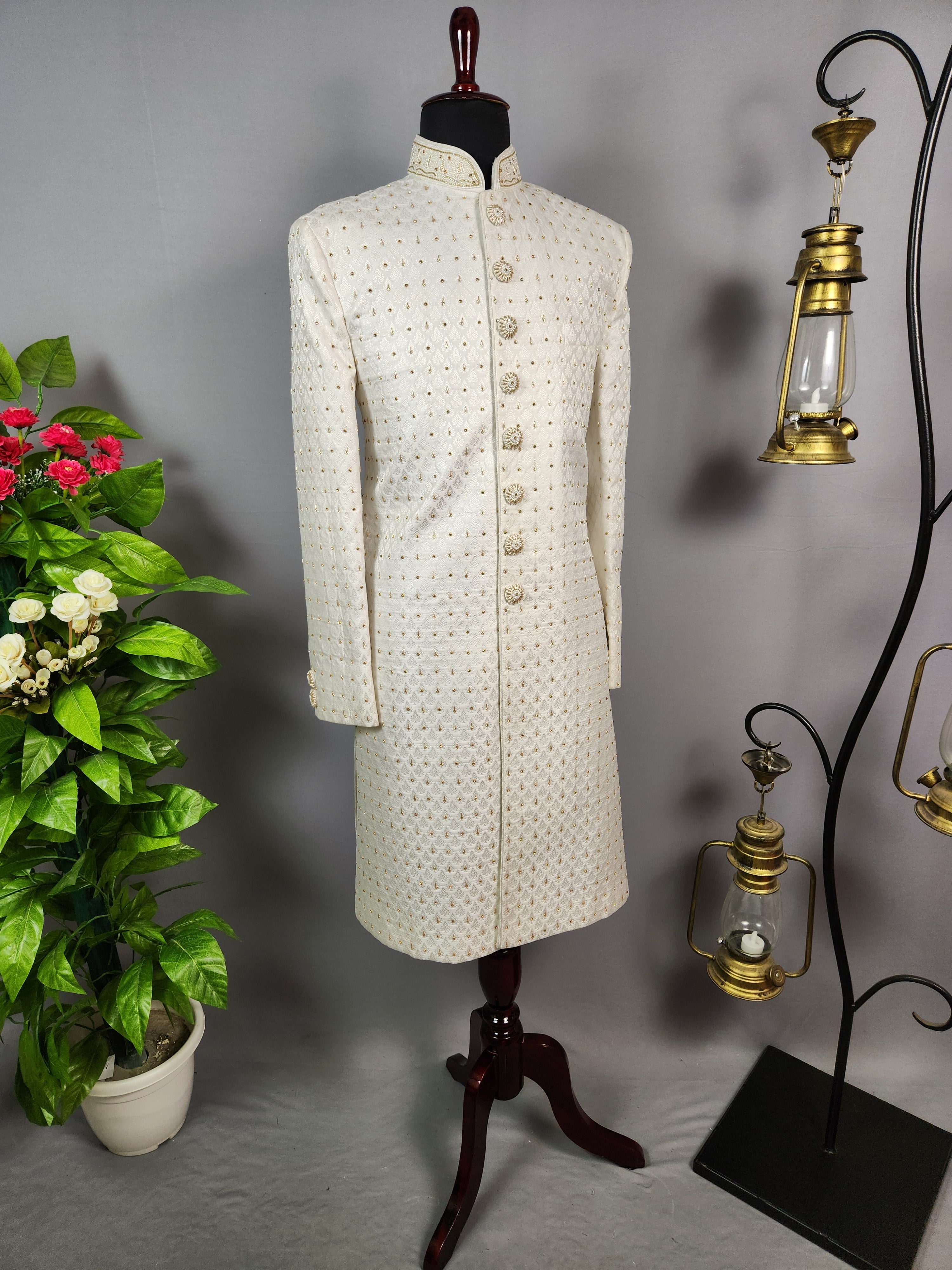 White Wedding Groom Sherwani - Zardozi Diamond Work | Sherwani For Men