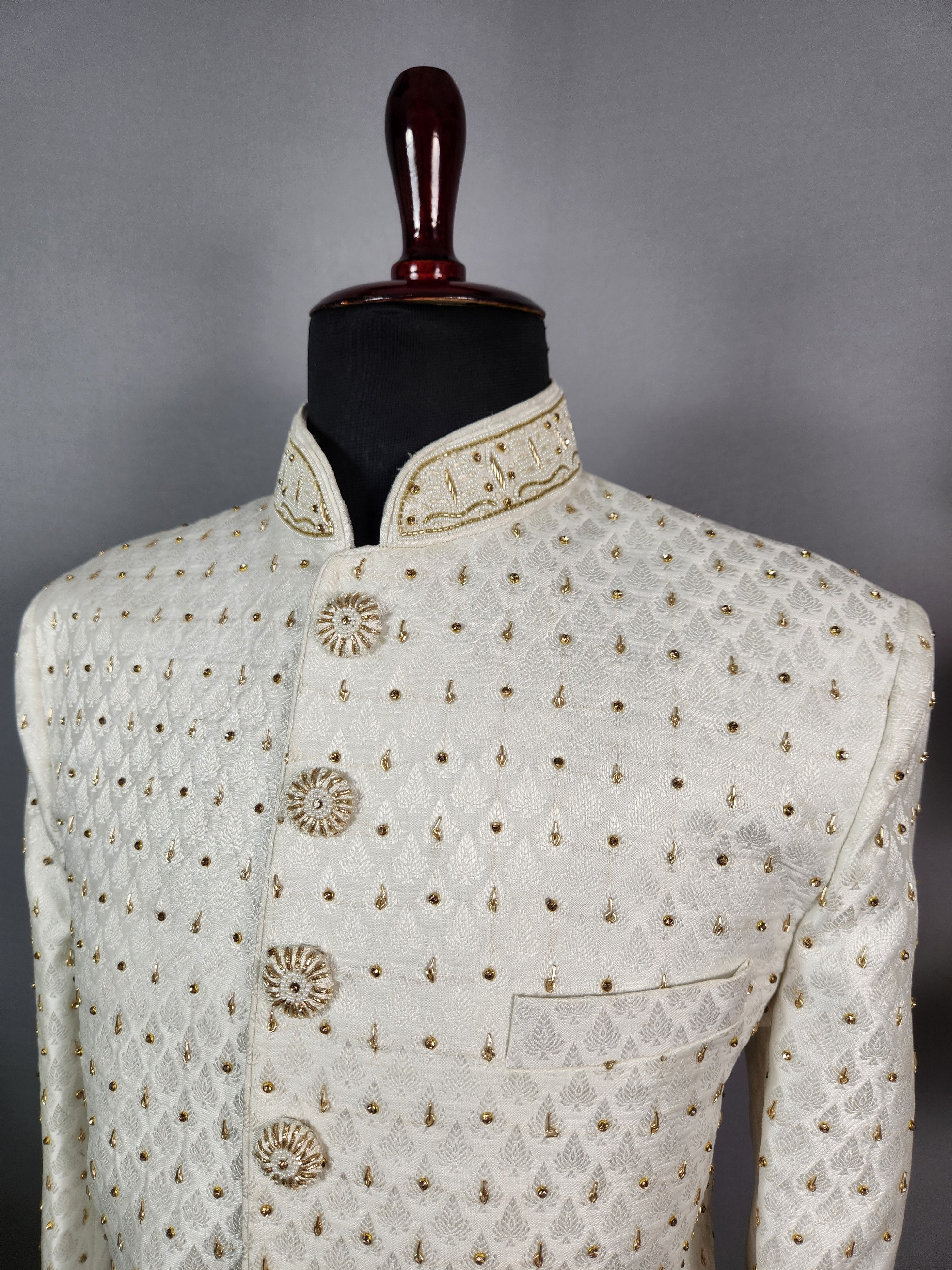 White Wedding Groom Sherwani - Zardozi Diamond Work | Sherwani For Men