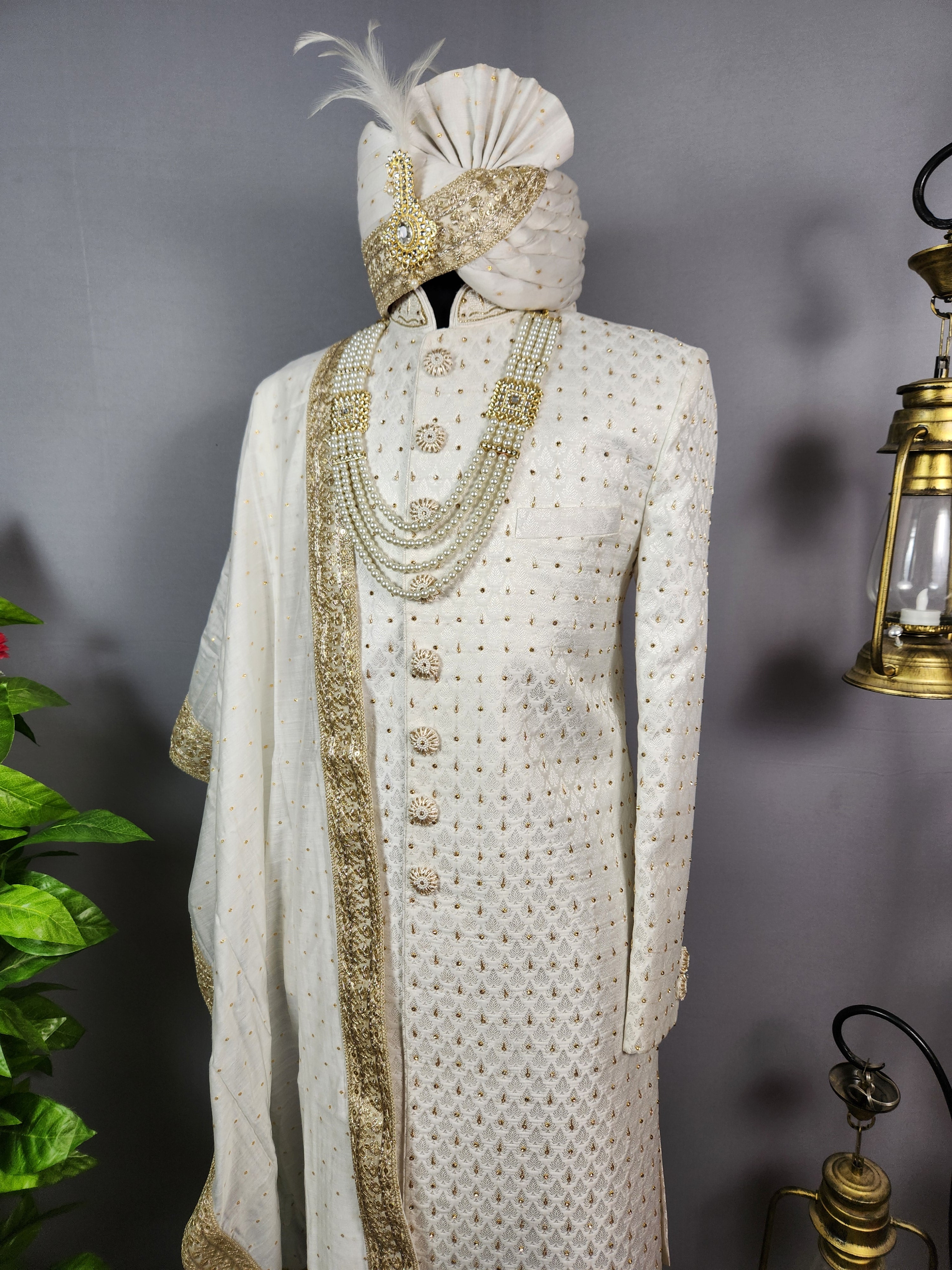 White Wedding Groom Sherwani - Zardozi Diamond Work | Sherwani For Men