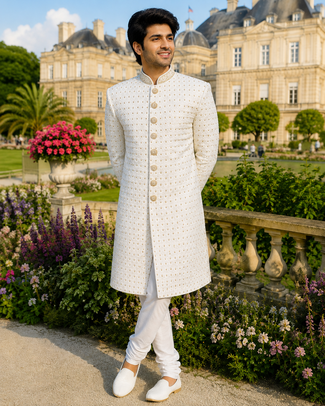 White Wedding Groom Sherwani - Zardozi Diamond Work | Sherwani For Men