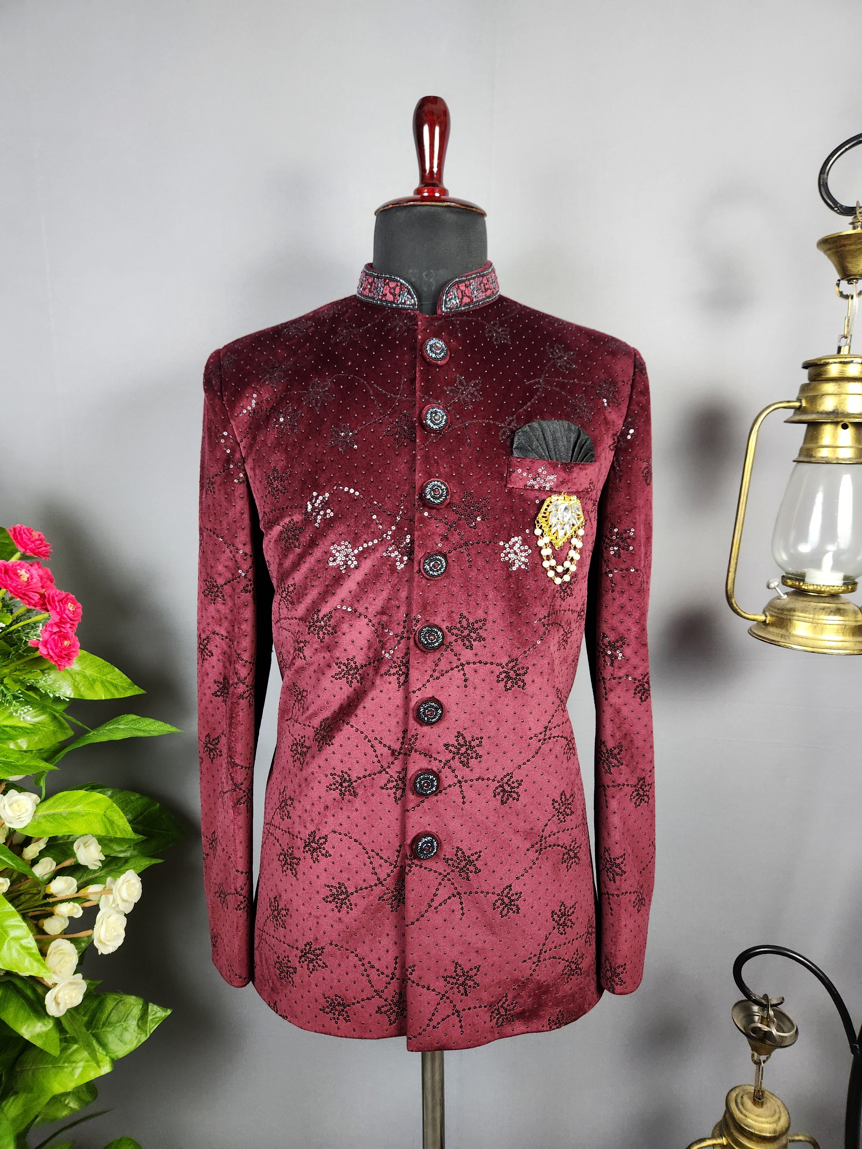 Wine Jodhpuri Suit for Men  -   Indian Wedding Outfit for Men
