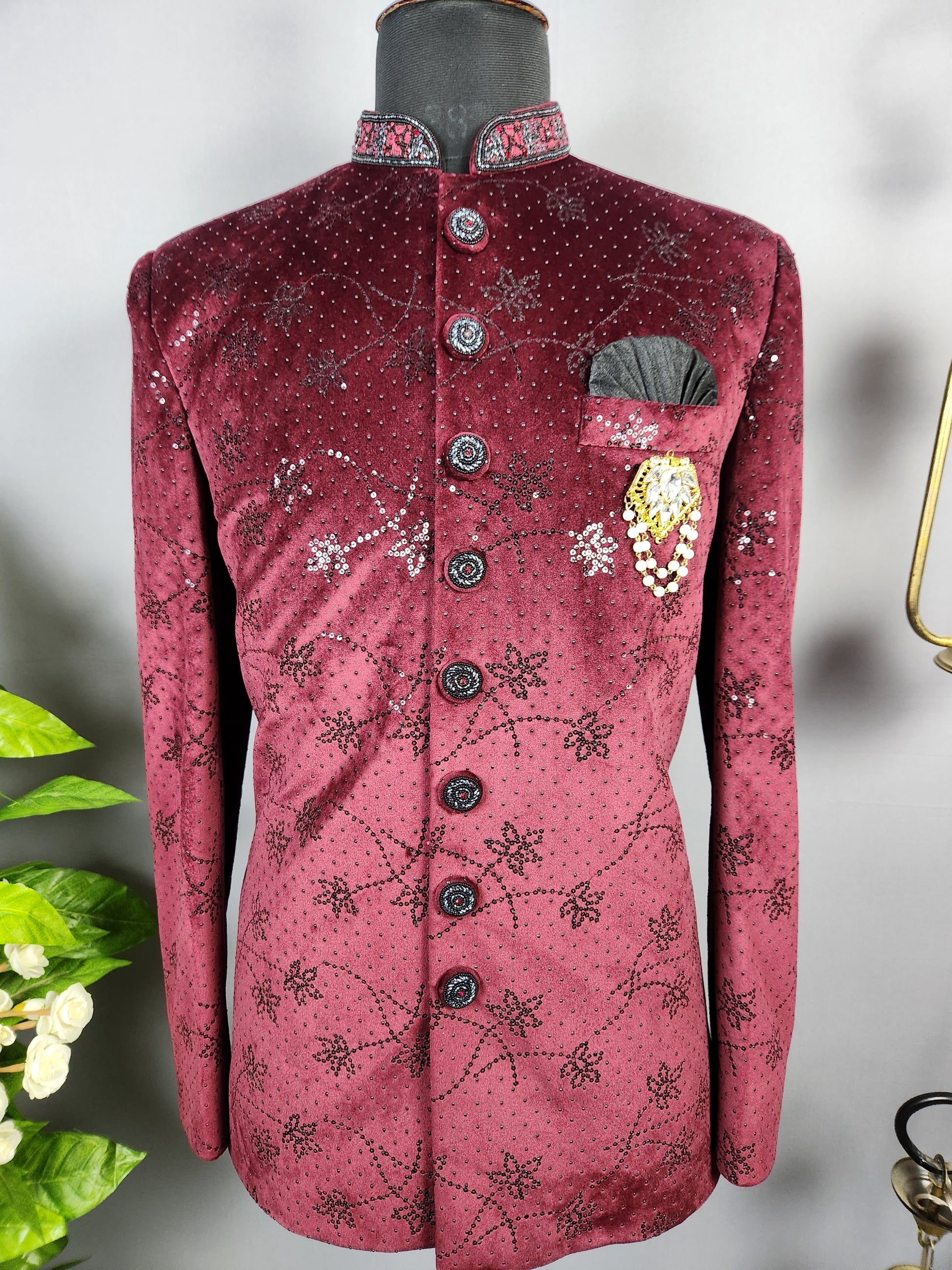Wine Jodhpuri Suit for Men  -   Indian Wedding Outfit for Men
