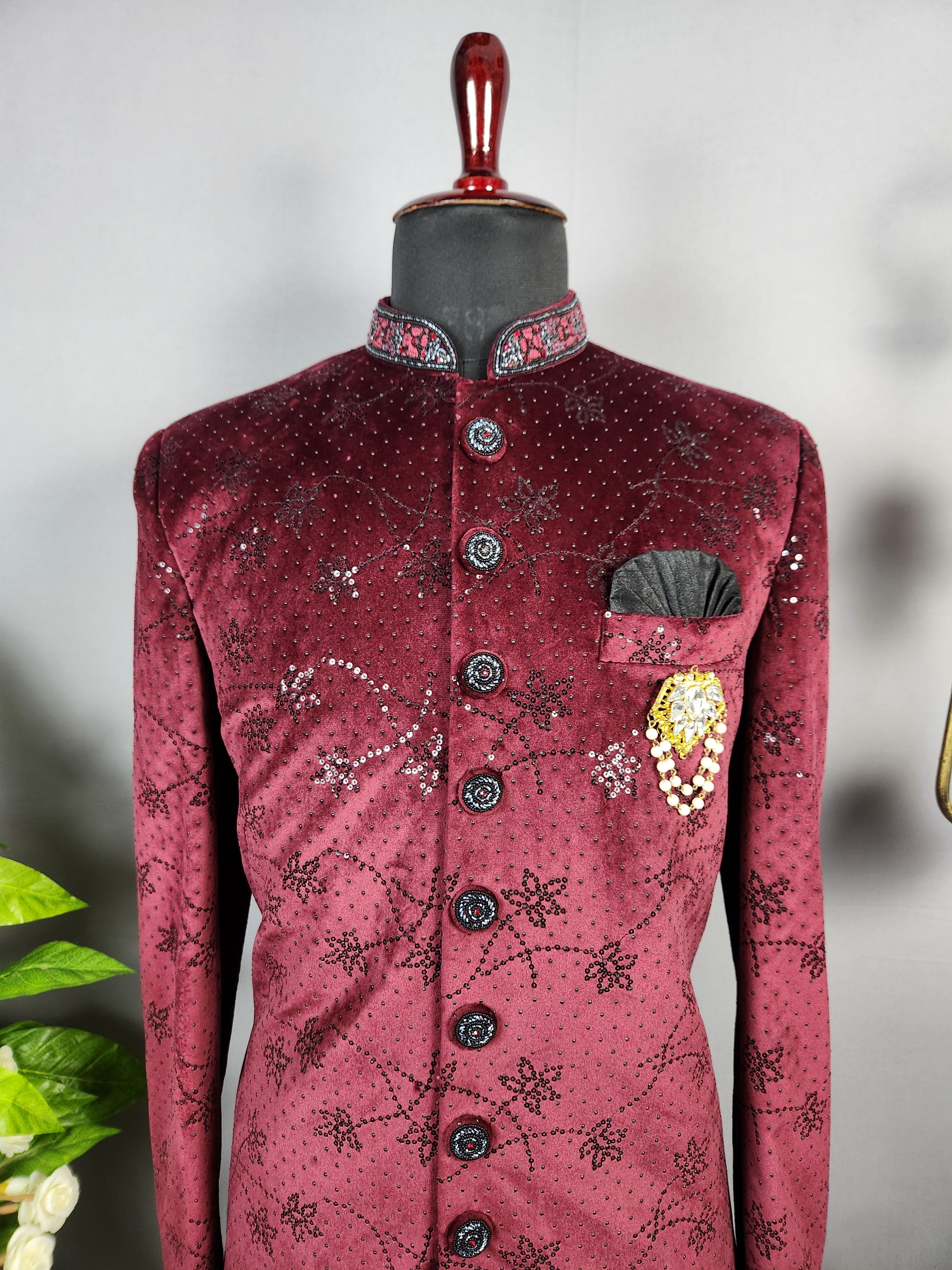 Wine Jodhpuri Suit for Men  -   Indian Wedding Outfit for Men
