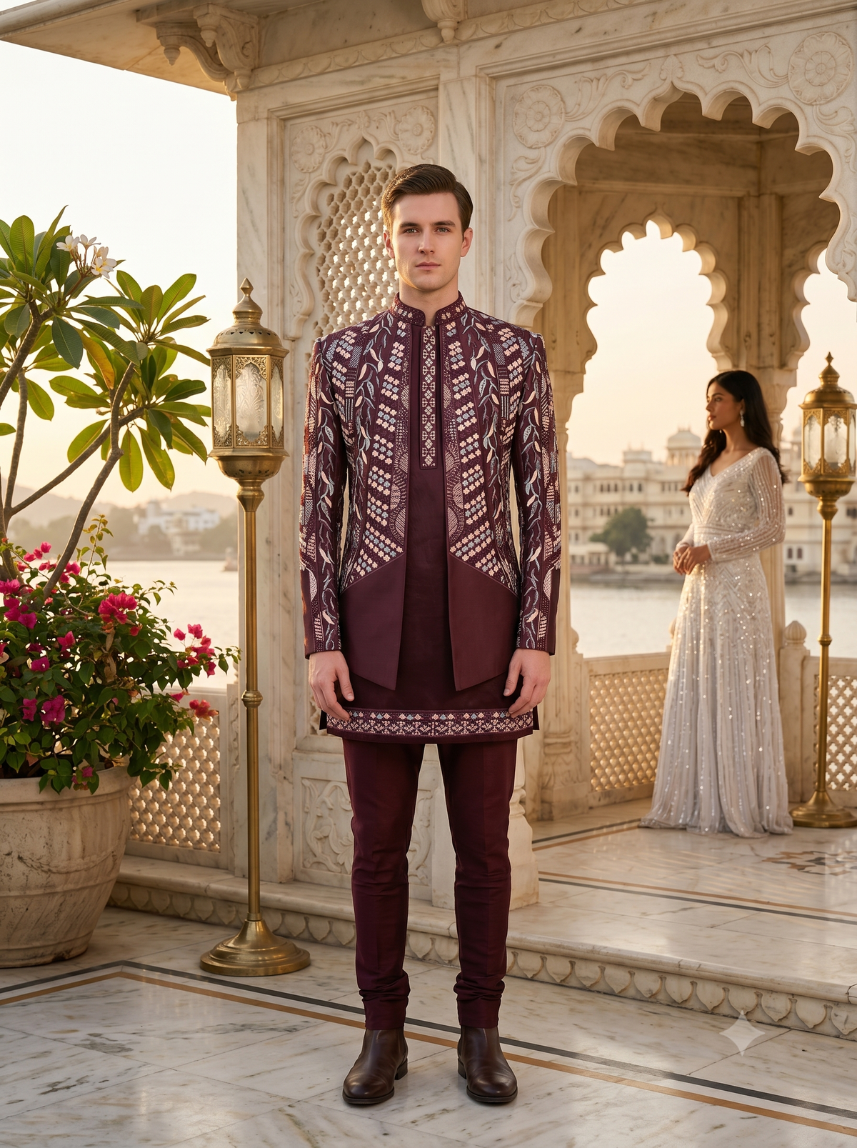 Wine Indo-Western Sherwani for Men | Indian Groom Wedding Outfit