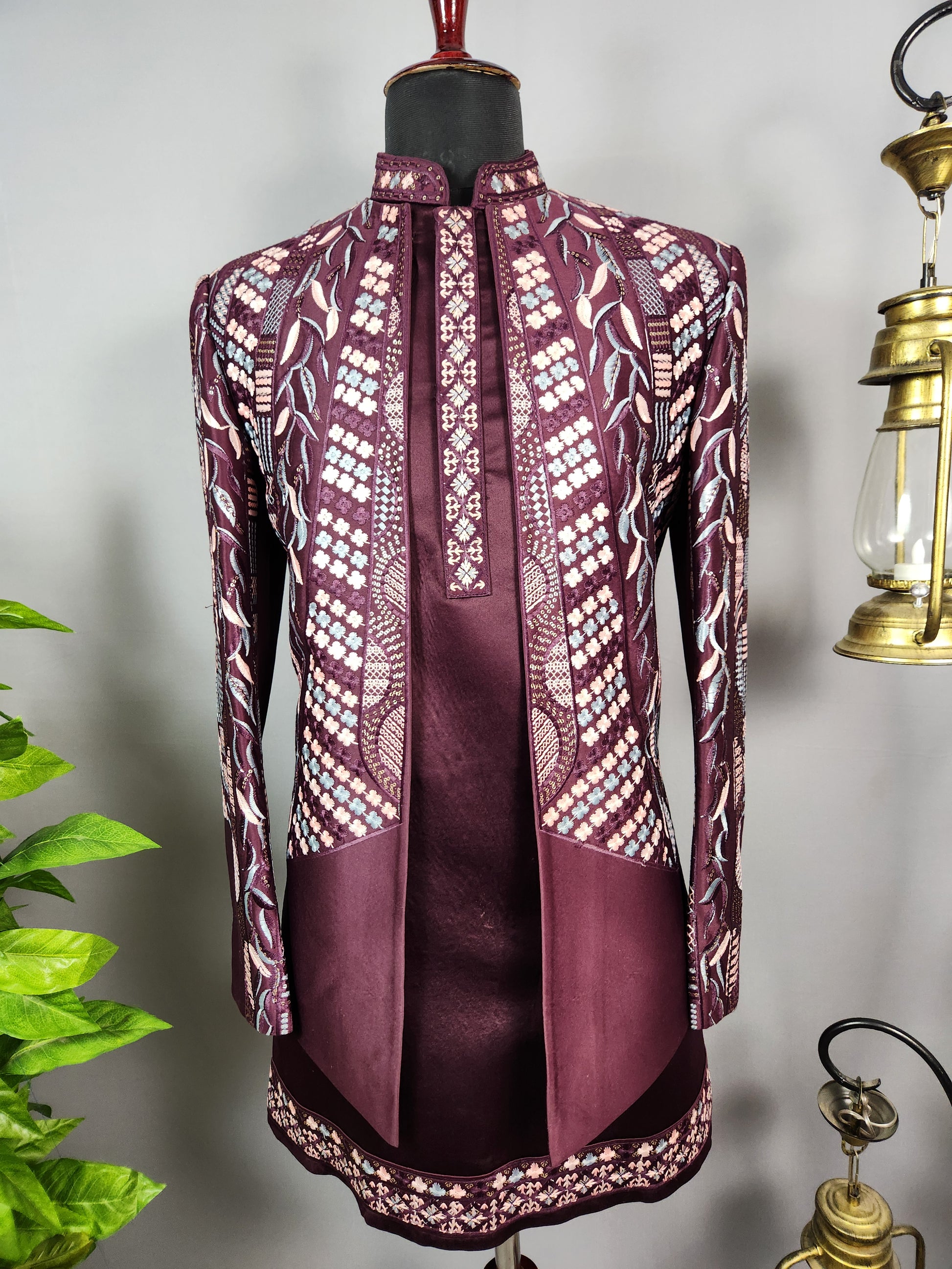 Wine Indo-Western Sherwani for Groom  -   Indian Wedding Outfit for Men
