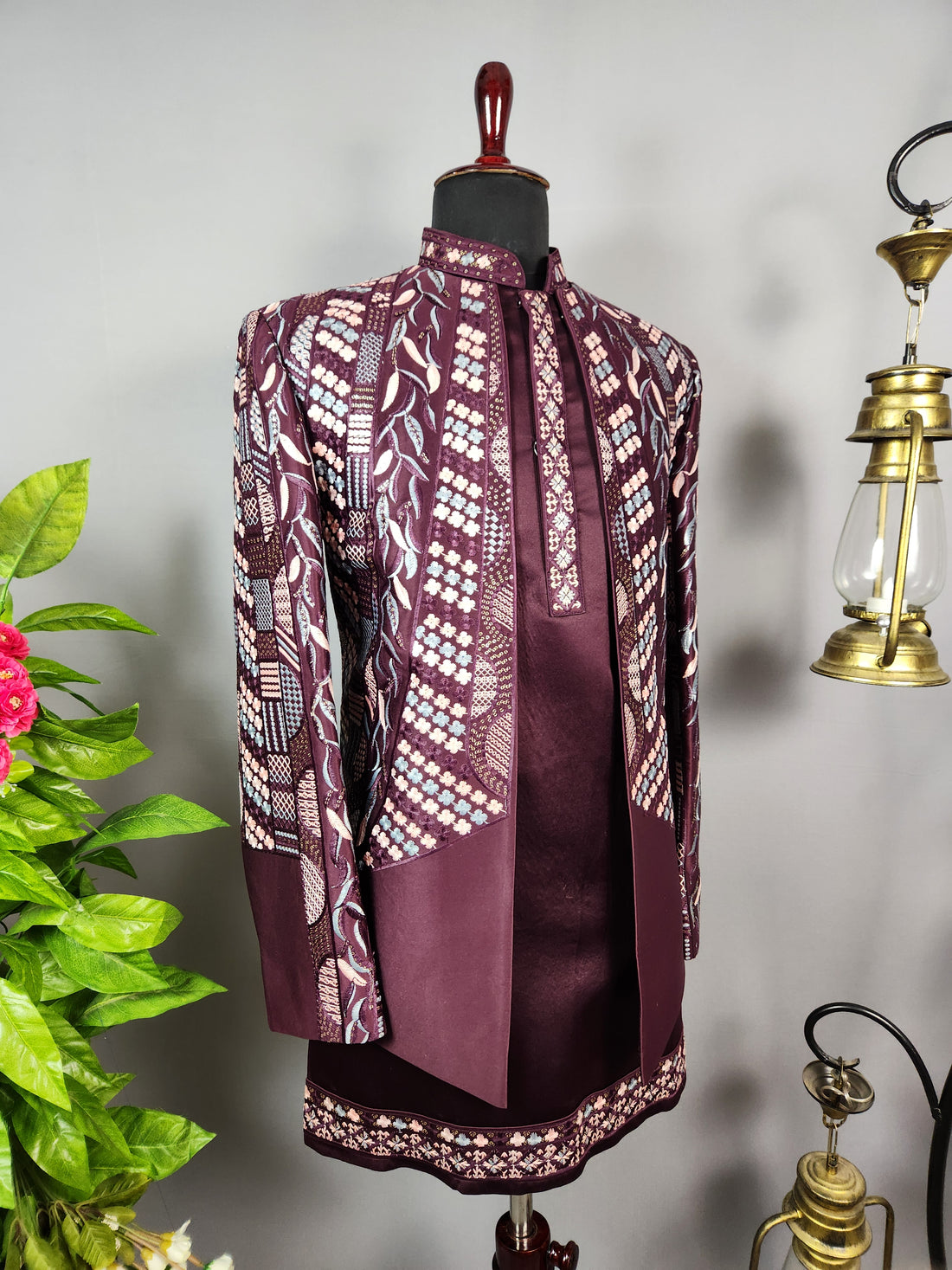 Wine Indo-Western Sherwani for Groom  -   Indian Wedding Outfit for Men
